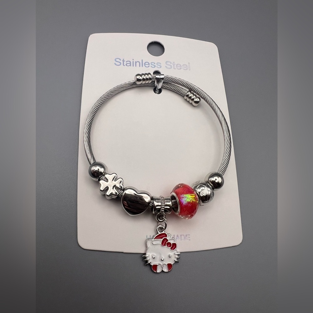 Stainless Steel Kitty Charm Bangle Bracelet